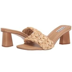 Steve‎ Madden Saged Neutral Raffia Square Toe High Heel Slide Sandal Sz 10 M EUC